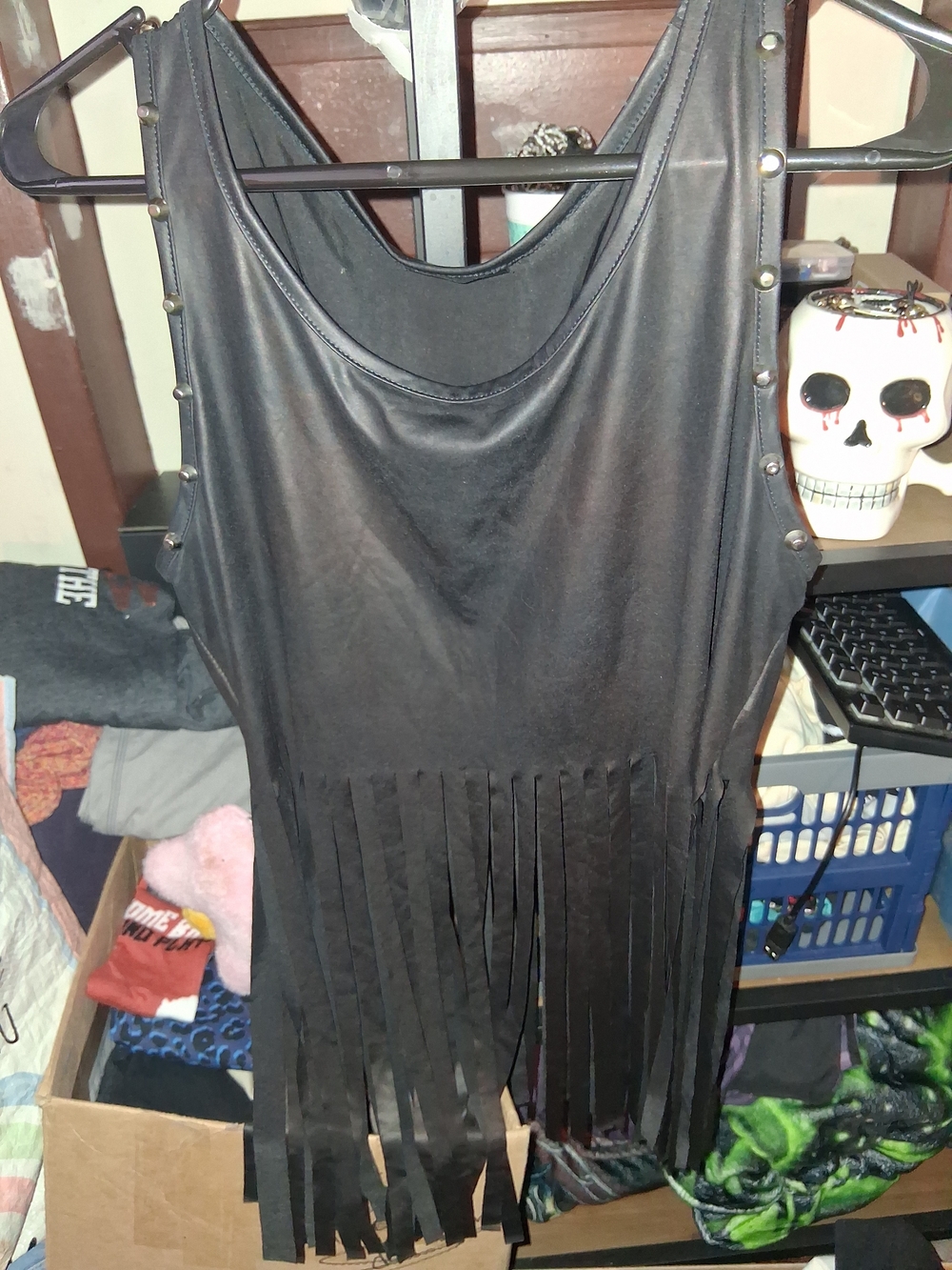 Source Unknown Black Fringe Tank Top with Stud Accents